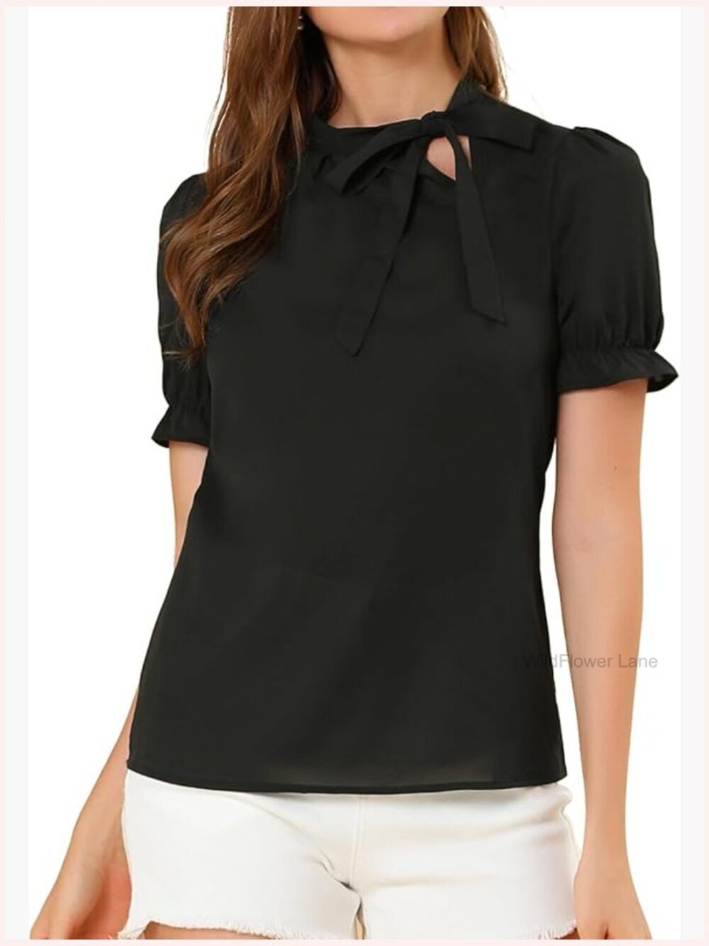 Bow Tie Neck Blouse Elegant Office Short Sleeve Top